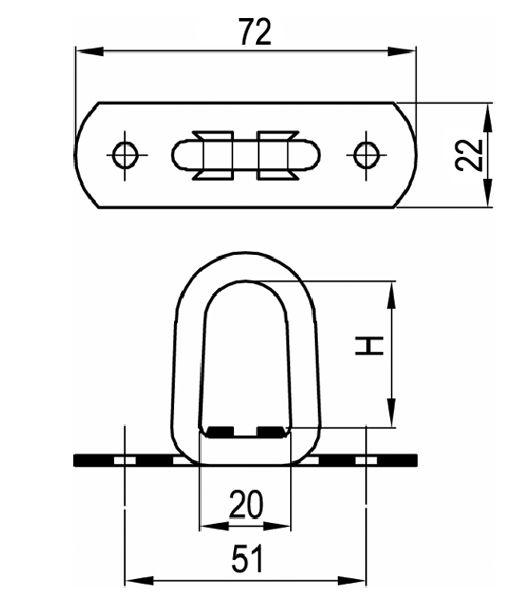 Rozměr základny: 72 x 22 mm
H = 37 mm
Rozteč nýtovacích otvorů: 51 mm
